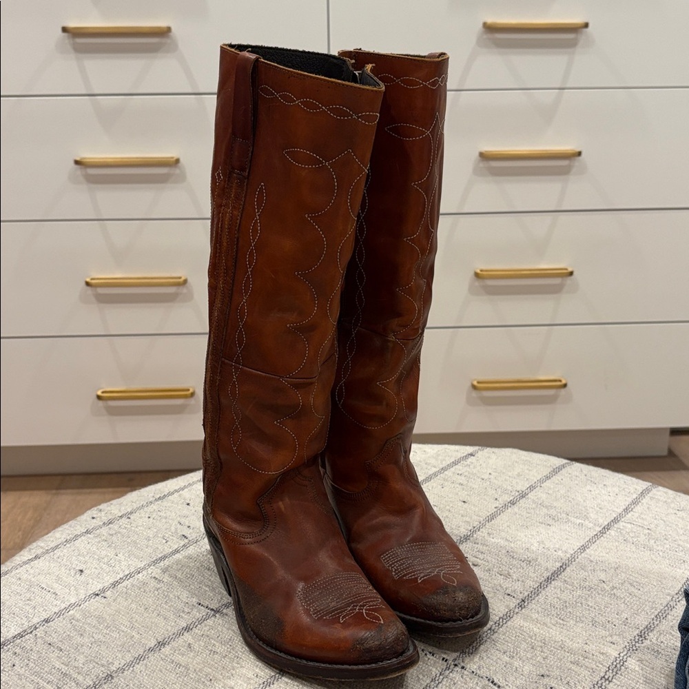 Golden Goose Brown Distressed Leather Western Cowboy Boots 38
